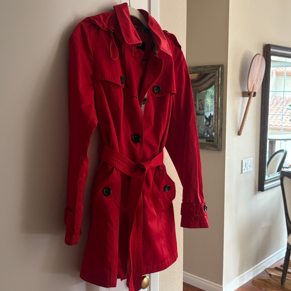 Jones New York Scarlet red trench coat with black piping see photos.